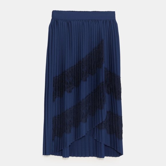 ZARA BLUE PLEATED MIDI SKIRT BLACK LACE DETAIL BRAND NEW WITH TAGS XS - Picture 9 of 9